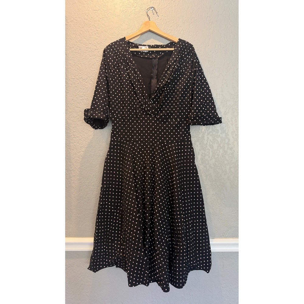 Unique Vintage Black White Polka Dot Swing Dress V-Neck Rockabilly Retro 46in L